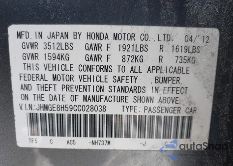 2012 Honda Fit Sport z USA, uszkodzony, nr VIN JHMGE8H59CC028038